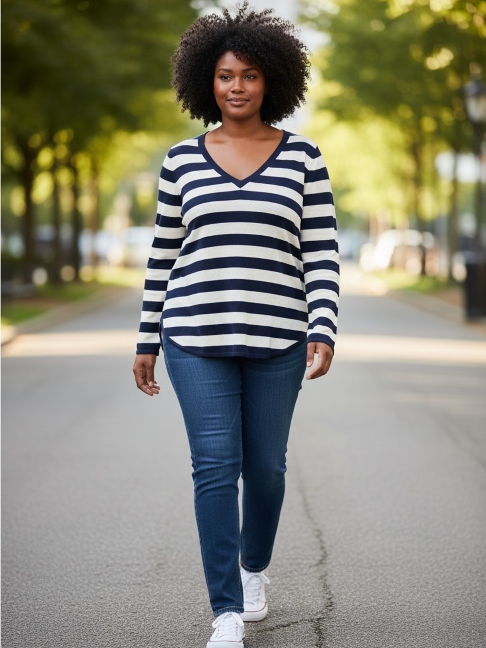 Lauren Ralph Lauren Silk Blend Navy and White Striped V-Neck Sweater | 2X | NWT